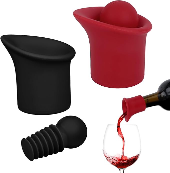 2 Set 2 In 1 Silicone Wine Bottle Stoppers & Pourers, Wine Spout Sealer Preserver Glass Champagne Caps with Vacuum Reusable & Easy to Clean Home Bar Restaurant Accessories(Black, Red)