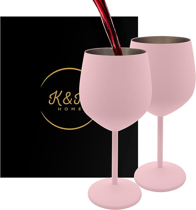 K&K Home Pink Stainless Steel Unbreakable Wine Glasses - 18 oz - Set of 2 Colored, Stemmed Metal Wine Glasses Perfect for Outdoors, Weddings, and Parties (Pink, Set of 2)