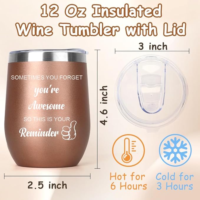 Inspirational Gifts for Women Men Insulated Wine Tumbler with Lid 12oz Valentines Gifts Encouragement Gift for Bestie Friends Coworker Motivational Gift for Birthday Xmas Graduation Rose Gold
