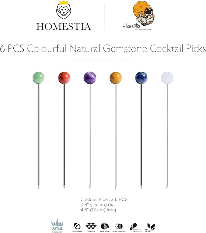 Homestia 6PCS Crystal Cocktail Picks, 4.6" Colorful Natural Gemstone Martini Sticks, Reusable Metal Olive Skewers Cocktail Pins Garnish Picks for Cocktails Drinks Party