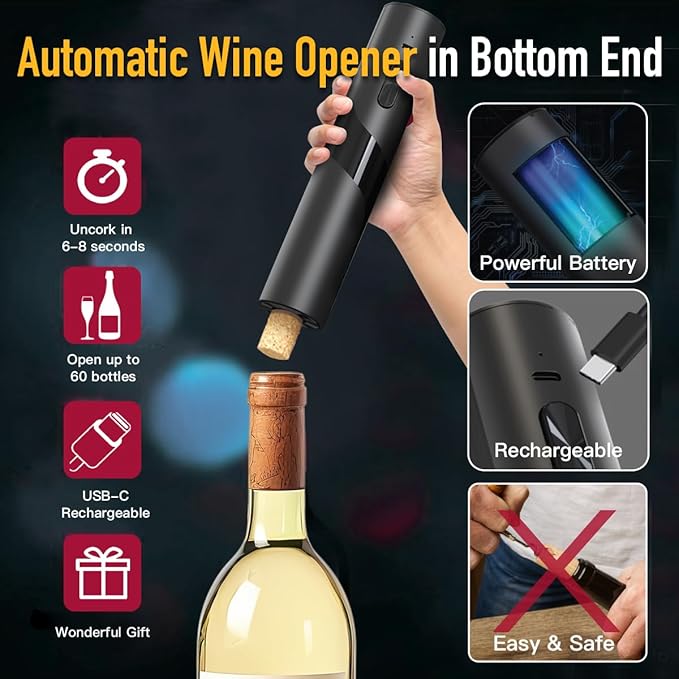 2‑in‑1 Electric Wine Opener & Wine Preserver COMBINED — Automatic Corkscrew at Bottom end + Wine Saver at Top end | Perfect Father’s Day Gift