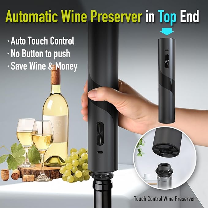 2‑in‑1 Electric Wine Opener & Wine Preserver COMBINED — Automatic Corkscrew at Bottom end + Wine Saver at Top end | Perfect Father’s Day Gift