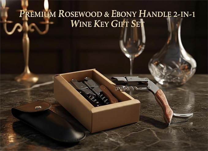 Wine Opener & Corkscrew (2 Pack), Professional Double Hinged Wine Bottle Opener with Foil Cutter & Wood Handle, Waiter's Corkscrew Wine Key for Bartender & Server, Vegan Leather Pouch Gift Set