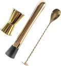 JNWINOG 3-Pcs Gold Muddler & Mixing Tools Set, 10" Muddler, 12" Cocktail Spoon & 1 oz/2 oz Double Jigger, Bar Tool Set for Beverages