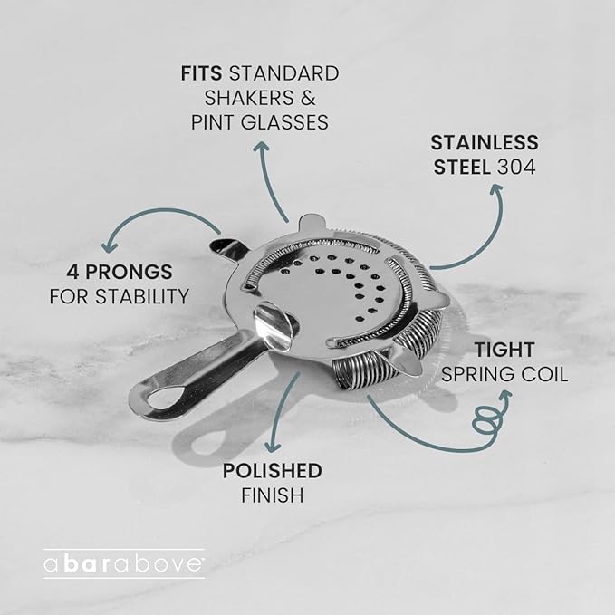 A Bar Above Cocktail Strainer, 4-Prong Bar Strainer with High Density Spring for Smooth Pouring, Fits Boston Shaker Tins and Mixing Glasses, Bar Essentials for Home Bartenders and Pros, Black Finish