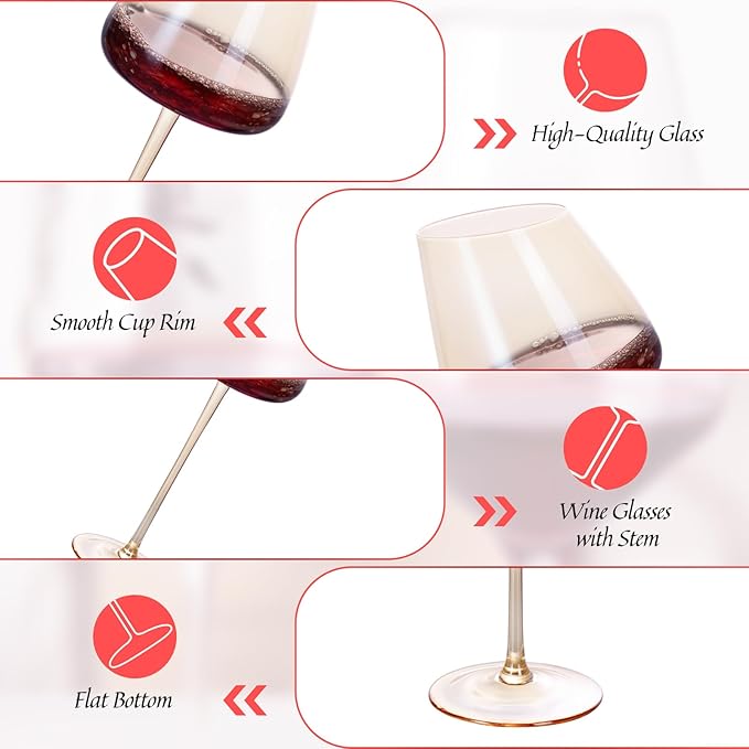 KAMMAK Wine Glasses Set of 2, 16.06 oz Hand Blown Crystal Bordeaux Wine Glasses, Thin Rim & Long Stem, Perfect for Red & White, Daily Use, Wedding or Birthday Gift with Gift Box, XH-H280 Amber