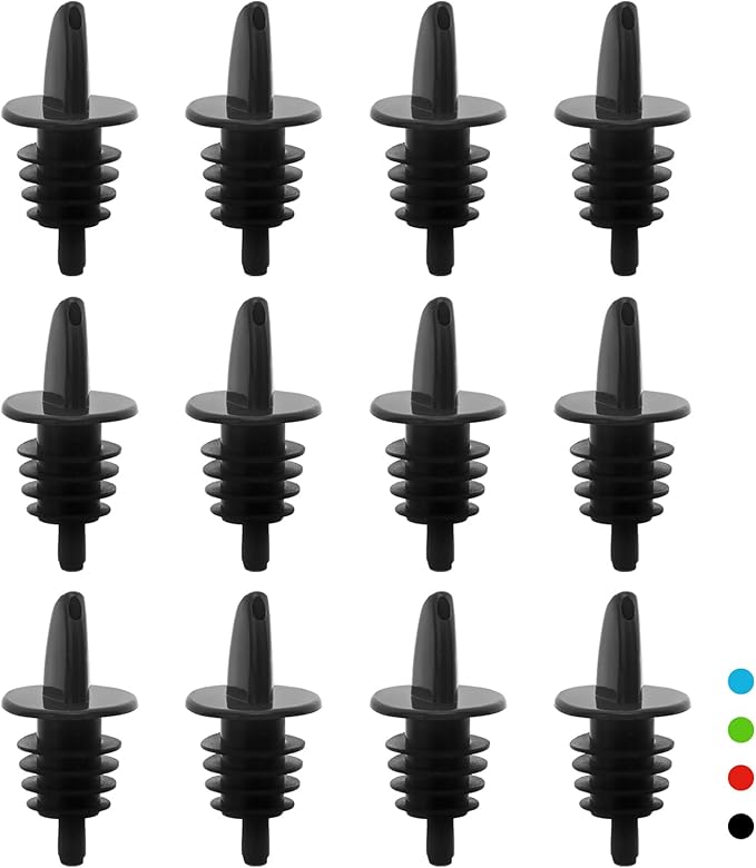 Plastic Liquor Bottle Pourers Black- 12 Pack Classic Bottle Pourers for Alcohol, Leak-Proof, Dishwasher-Safe Pour Spouts for Liquor Bottles (black)