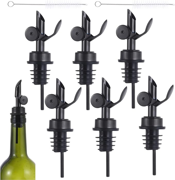 beyonday 6pcs Self Closing Liquor Bottle Pourers - Black, Auto Flip Wine Bottle Stoppers with Rubber Dust Cap & Cleaning Brush, Weighted Olive Oil Vinegar Dispenser Spout, Fit about 3/4'' Bottle Mouth