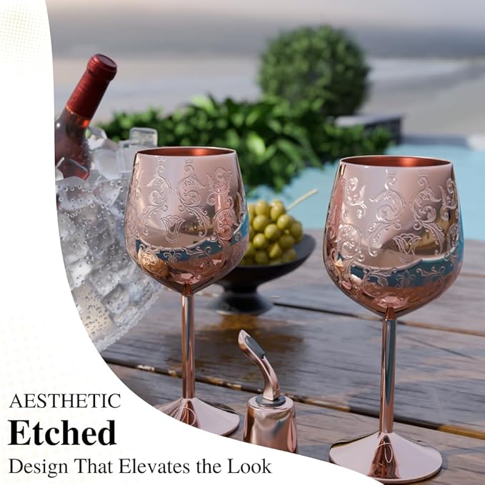 Mother’s Day Gift for Mom – Set of 2 Rose Gold Stainless Steel Wine Glasses, 17oz Engraved Goblets with Bottle Stopper, Unbreakable Elegant Wine Cups, Gift for Women, Wife, Mom, Sister