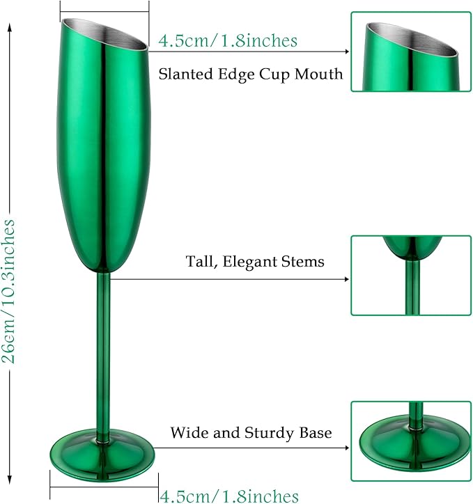Champagne Flutes Set of 4, Premiumty Stainless Steel High Footed Champagne Glasses, 7oz Capacity,Unbreakable Slanted Champagne Glasses