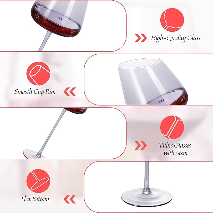 KAMMAK Wine Glasses Set of 2, 16.06 oz Hand Blown Crystal Bordeaux Wine Glasses, Thin Rim & Long Stem, Perfect for Red & White, Daily Use, Wedding or Birthday Gift with Gift Box, XH-H280 Gray
