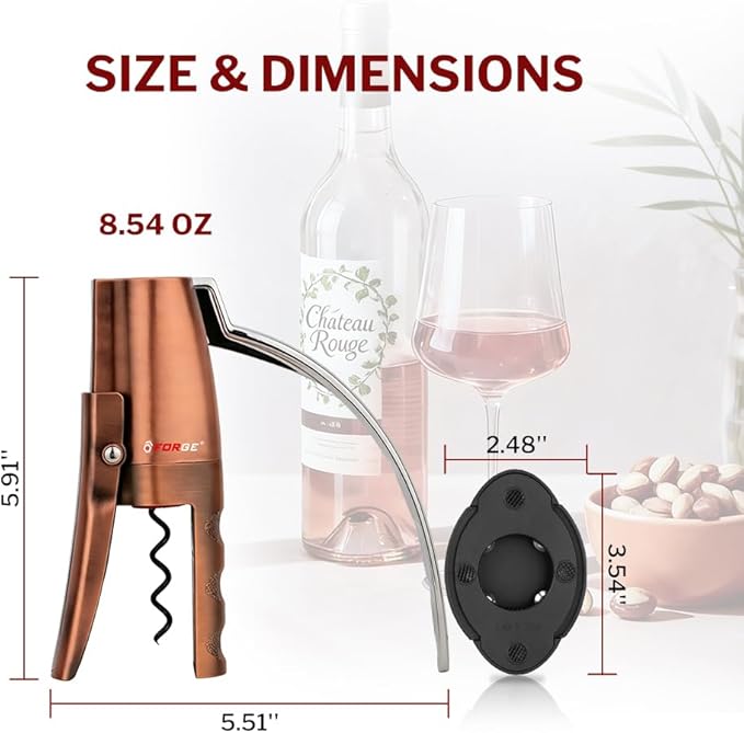 Forge Quality Compact Vertical Lever Corkscrew Wine Opener with Foil Cutter. 3 Seconds to Open a Bottle of Wine. Metallic Bronze