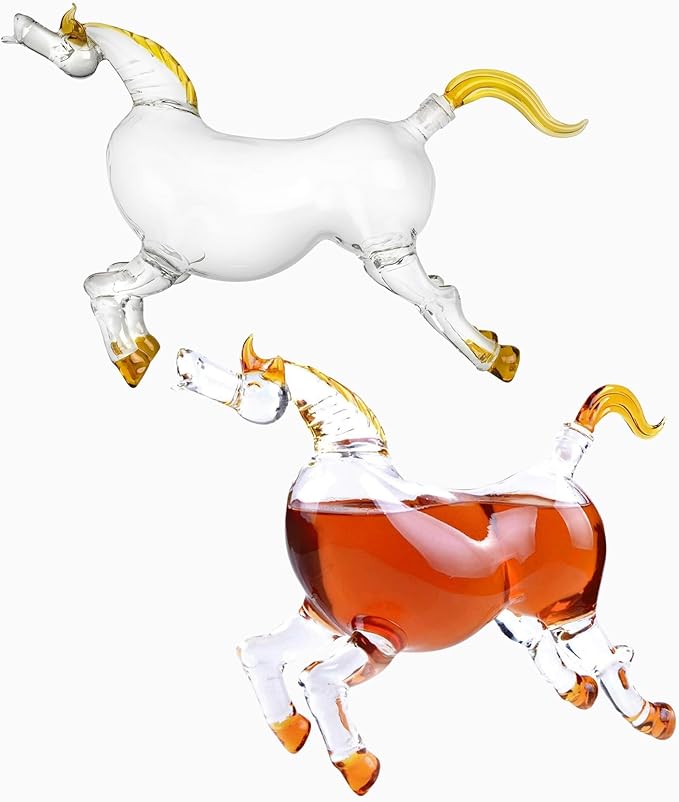 Whiskey Decanter Set, 35 oz - Horse Drink Dispenser for Wine or Alcohol - Animal Glass Bottle with 2 Diamond Whiskey Glasses - Ideal for Home Bar Decor or as Holiday Gifts for Men (Giddyap)