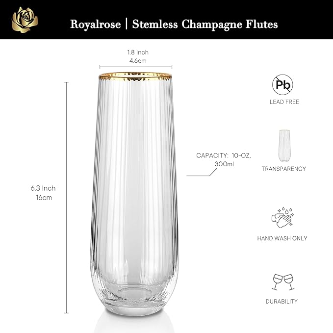 Royalrose Premium Ribbed 10 Oz Sparkling Wine Glassware with Gold Rim, Vintage Style Clear Glasses for Mimosa, Wine, Cocktails, Juice, Home Bar, Set of 4 (Stemless Champagne Flutes)