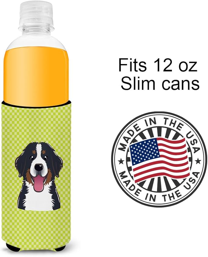 Checkerboard Lime Green Bernese Mountain Dog Ultra Beverage Insulators slim cans
