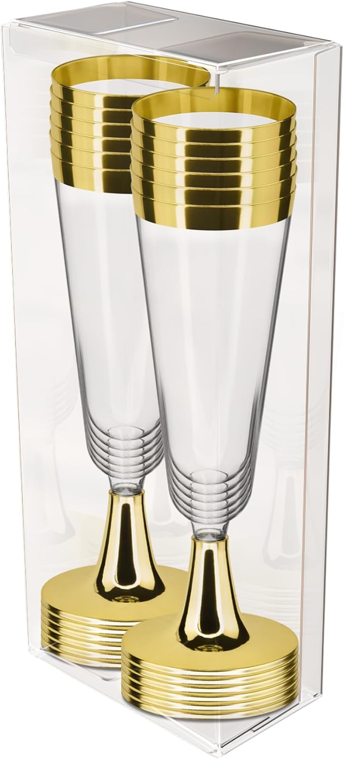 DecorRack 12 Plastic Champagne Flute, 5 Oz -BPA Free- Disposable Wine Glass, Perfect for Outdoor Parties, Weddings, Hosting, Stackable, Reusable, Gold (12 Pack)