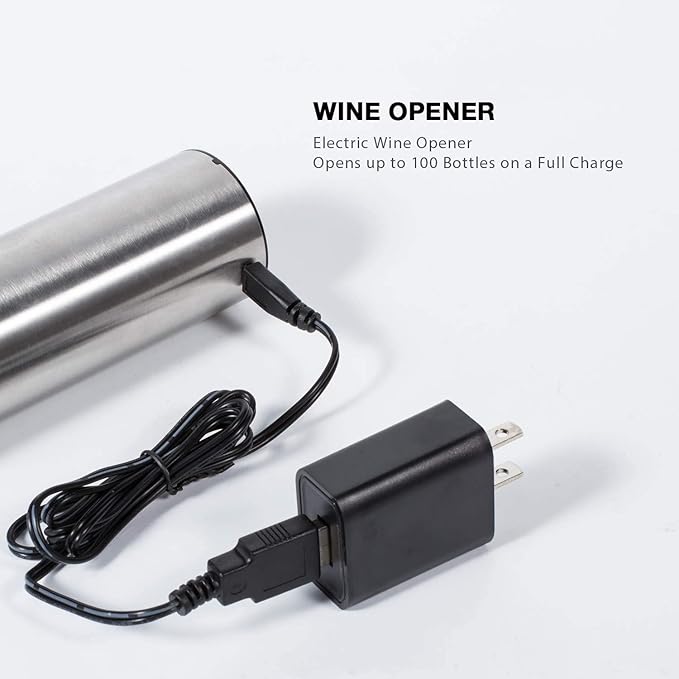 Electric Wine Opener, Stainless Steel Rechargeable Cordless Electric Corkscrew Wine Bottle Opener, Wine Accessories Holiday Gift Set Holiday Kit 7717-W102-013