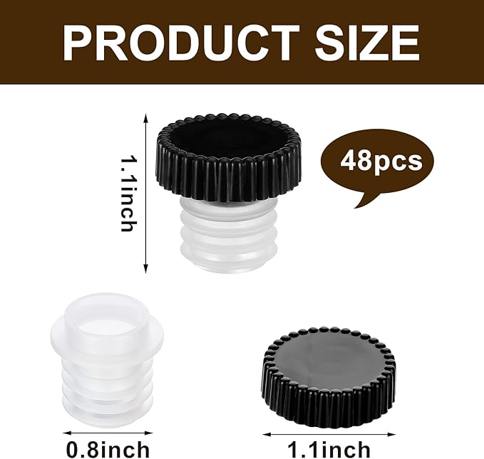 Slow Wine Pourer Spout for Corked Bottles Valentine's Day Pour and Seal Plastic Wine Pourers with Lid for Storing Precise Pouring Valentine's Day Restaurant Supplies(Black,48 Pcs)