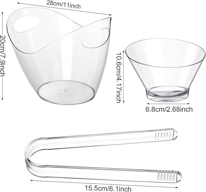 6 Pcs Serving Candy Bowls and 2 Pcs Ice Bucket with 2 Tongs for Parties, 4L Plastic Champagne Cooler Bucket, 7oz Clear Acrylic Candy Bowl Containers for Buffet Birthday Banquet Family Party
