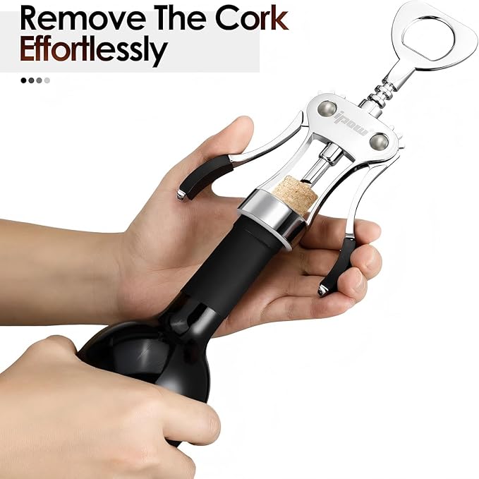IPOW Wine Opener, Zinc Alloy Wine Bottle Opener, Wing Corkscrew Heavy Duty, Manual Multifunctional Cork Screw for Waiter, Silver