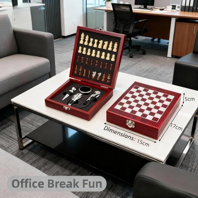 Wine Opener Gift Set with Chess Board, 5 in 1 Elegant Wine Accessories Kit with Waiter's Corkscrew, Pourer, Stopper & Foil Cutter, Unique Gifts for Wine Lovers & Hosts