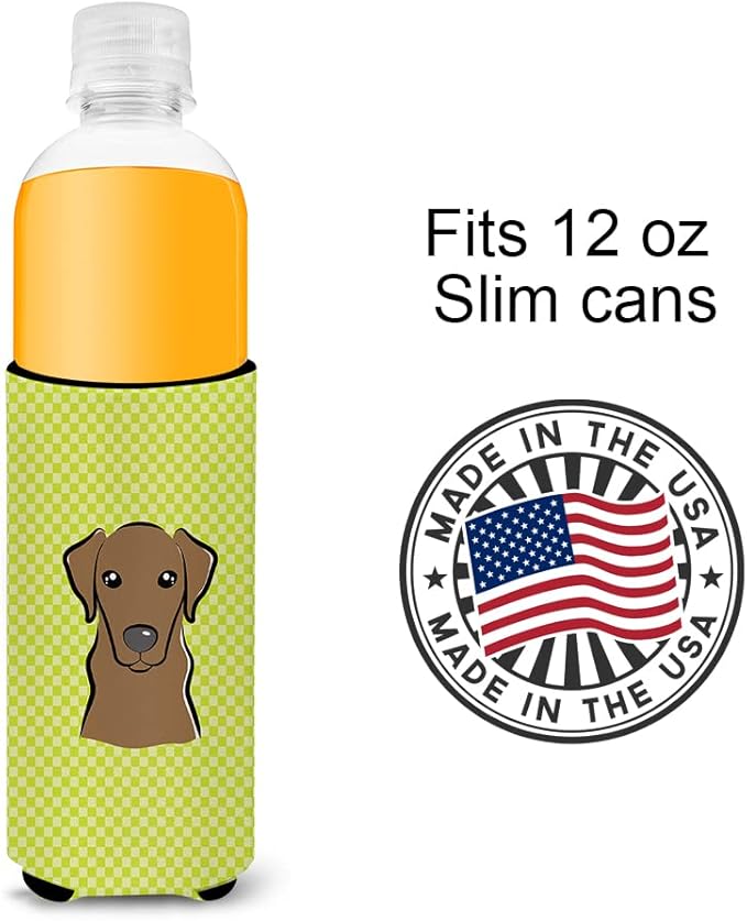 Checkerboard Lime Green Chocolate Labrador Ultra Beverage Insulators for slim cans