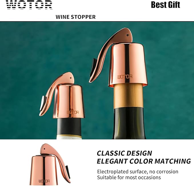WOTOR Stainless Steel Wine Bottle Stoppers with Silicone - Reusable Wine Saver and Decorative Bottle Sealer, Leakproof, Keep Fresh, Rosegold, 2 Pack