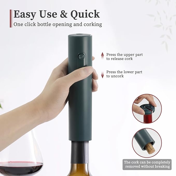 Battery Operated Wine Opener by ELMWAY, Electric Corkscrew & Wine Bottle Opener with Foil Cutter, Gift for Wine Lovers and Wine Accessories for Home Bars - Green (4xAA Not Included)