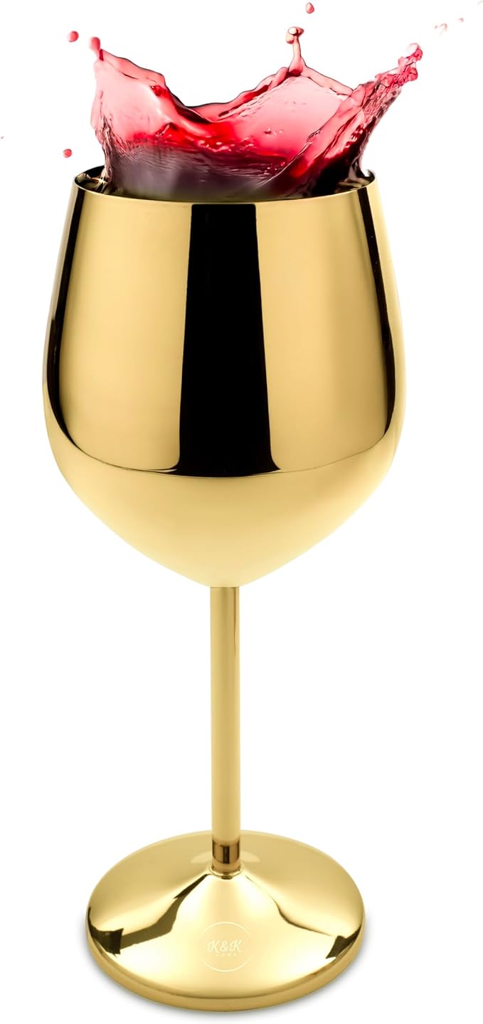 K&K Home Gold Stainless Steel Unbreakable Wine Glasses - 18 oz - Set of 4 Colored, Stemmed Metal Wine Glasses Perfect for Outdoors, Weddings, and Parties
