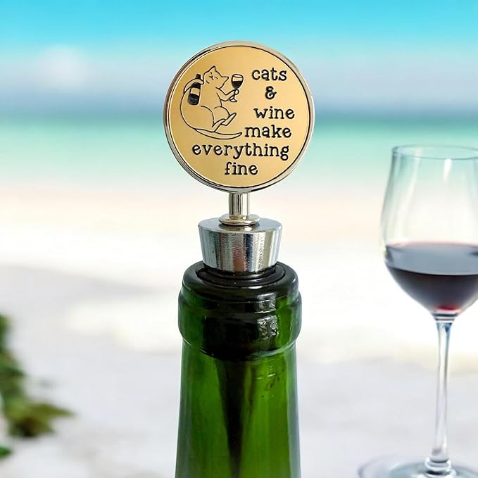 Jazzy Jade Designs Cat Wine Stopper – “Cats & Wine Make Everything Fine!” – Laser Engraved Zinc Alloy & 100% Food-Grade Rubber – Cute Cat Lover Wine Gift, Made in USA