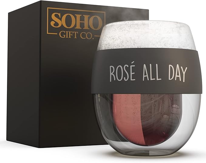 GALVANOX Freezer Chilled Stemless Wine Glass, Double Walled Insulated Frozen Chiller Cup (8.5oz) Fun Wine Lover Gift for Women/Her Rose All Day (Gift Boxed)