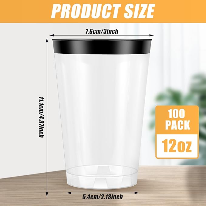 100 Pcs Black Plastic Cups,12 oz Black Rimmed Plastic Cup,Disposable Wine Glasses,Elegant Cocktail Drinking Cup, Clear Party Cups for Wedding Birthday Family Gatherings Holiday (Black)