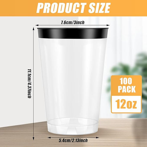 100 Pcs Black Plastic Cups,12 oz Black Rimmed Plastic Cup,Disposable Wine Glasses,Elegant Cocktail Drinking Cup, Clear Party Cups for Wedding Birthday Family Gatherings Holiday (Black)