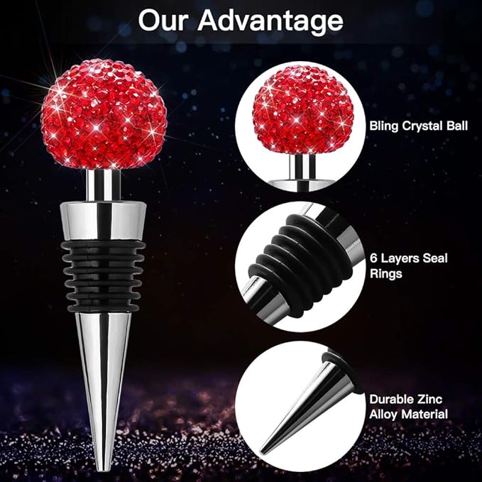 Soleebee Bling Decorative Wine Stoppers,Wine Bottle Stopper with Crystal Rhinestone, Beverage Bottle Stoppers for Gifts, Bar, Holiday Party, Wedding (Red)