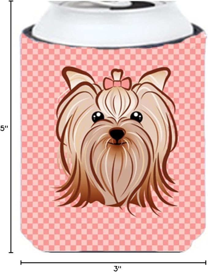 Caroline's Treasures BB1204CC Checkerboard Pink Yorkie Yorkishire Terrier Can or Bottle Hugger Cooler Washable Drink Sleeve Collapsible Beverage Insulated Holder, Can Hugger, Multicolor