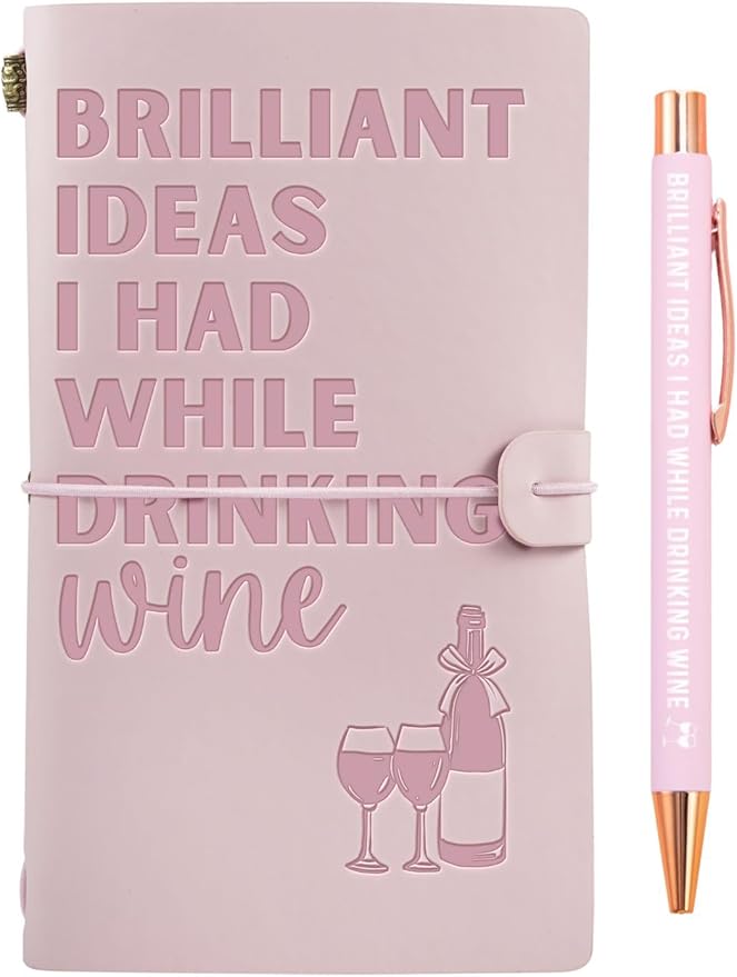 Wine gifts Leather Journal Notebook with Pen, for Wine Lovers, Men, Women on Birthday, Refillable Sketchbook, Travel Diary, Lined Planner, 7x5 Inches, Pink - Brilliant Ideas - Leather embossing
