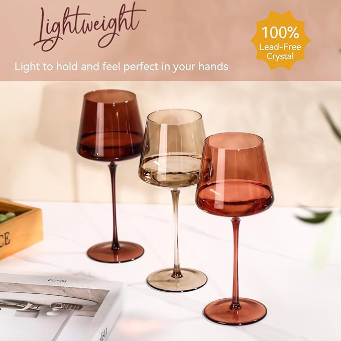 Colored Wine Glasses Set of 6-18oz【Hand Blown】Venus Wine Glasses with Stem