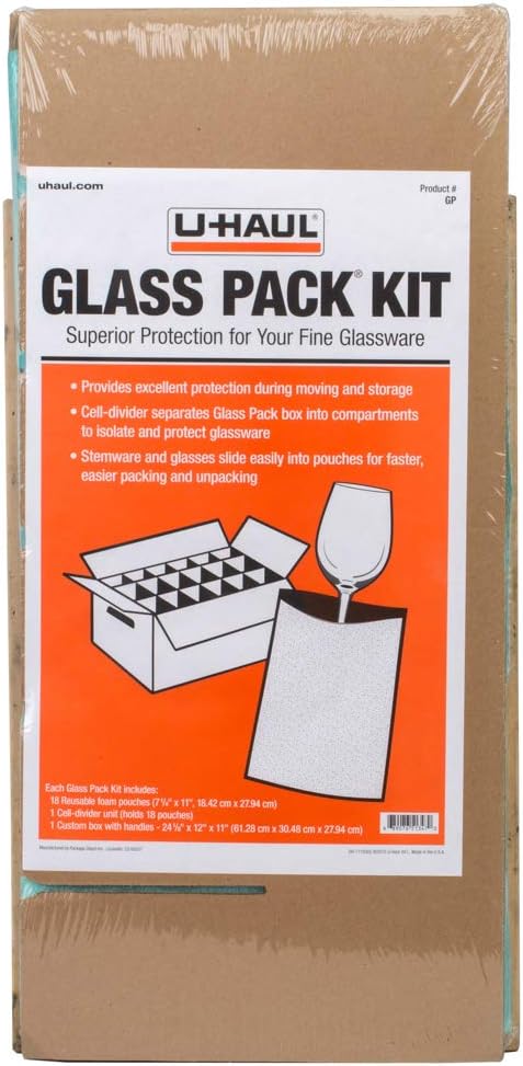 U-Haul Glass Packing Kit for Glasses and Stemware – Includes 1 Box, 1 Cell Divider Unit, and 18 Assorted Foam Pouches (Value Pack of 2)