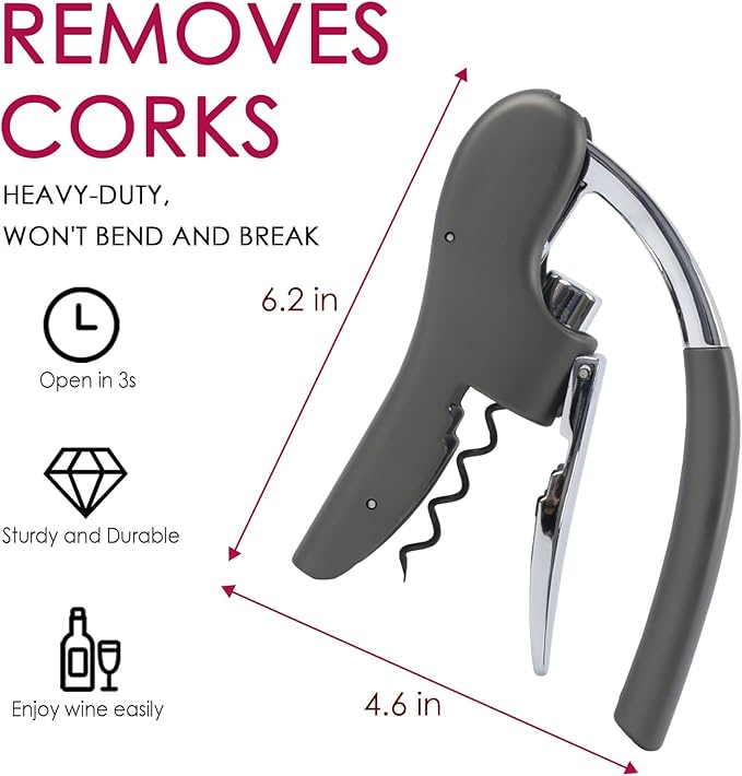KAYCROWN Stainless Steel Wine Bottle Opener, Vertical Lever Corkscrew with Metal handle, Foil Cutter and Extra Spiral, Manual Handheld Corkscrew with Ergonomic Lever Pump(Grey)