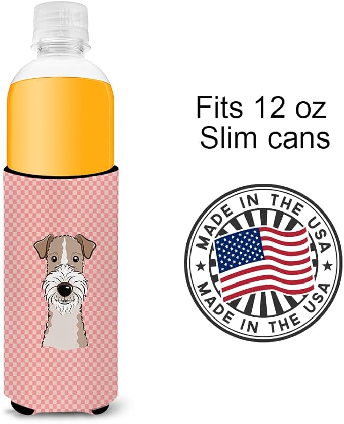 Checkerboard Pink Wire Haired Fox Terrier Ultra Beverage Insulators for slim cans