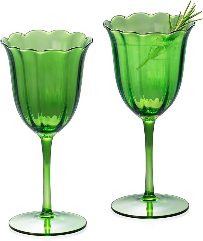 KAMMAK Wine Glasses Set of 2, 9.47 oz Hand Blown Crystal Bordeaux Wine Glasses, Thin Rim & Long Stem, Perfect for Red & White, Daily Use, Wedding or Birthday Gift with Gift Box, Fully Green Flowers
