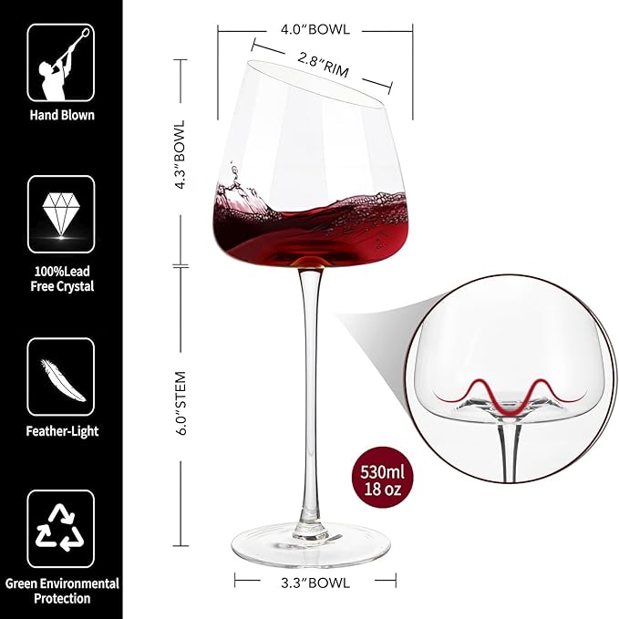 Slanted Red/White Wine Glasses, Crystal, Large, Hand-Blown Set of 4 Modern Long Stem Wine Glasses, Premium Clear Glass with Unique Concave Base, Gift Packaging for Christmas Birthday 18 oz