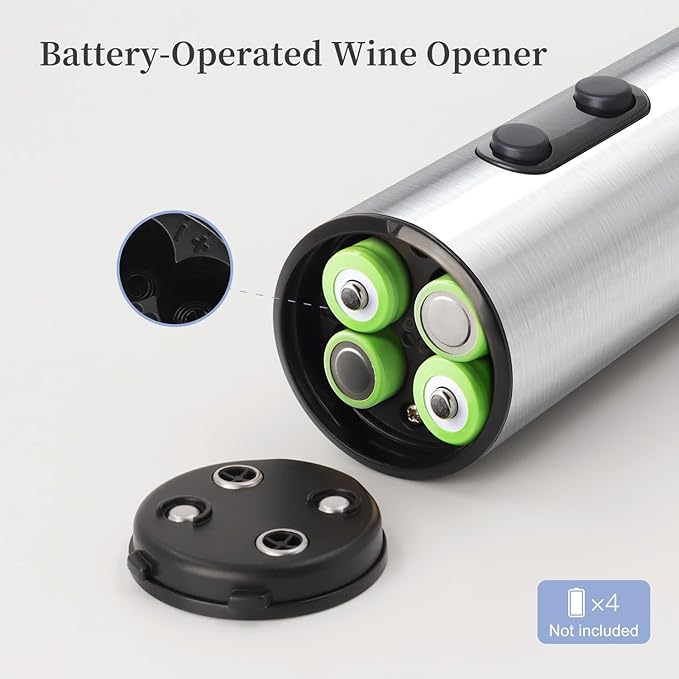 Battery Operated Electric Wine Opener by ELMWAY - Stainless Steel Electric Corkscrew with LED Light & Foil Cutter, Simple Push-Button Operation for Wine Lover (Silver, 4 x AA Not Included)