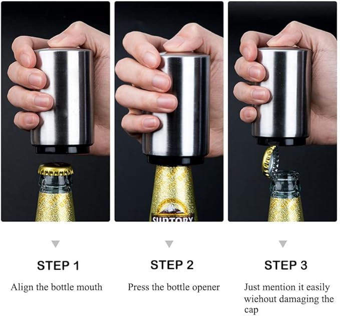 AKOAK 1 Pack Creative Stainless Steel Push-type Beer/Wine Bottle Opener Bar Household Automatic Convenient Cap Opener - Easy to Open a Variety of Bottles,Silver