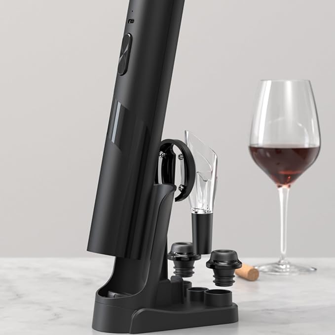 Electric Wine Opener with Charging Base, Electric Wine Bottle Opener with 2 in 1 Aerator &Pourer, Foil Cutter, 2 Vacuum Preservation Stoppers, Display Charging Station for Easy Storage