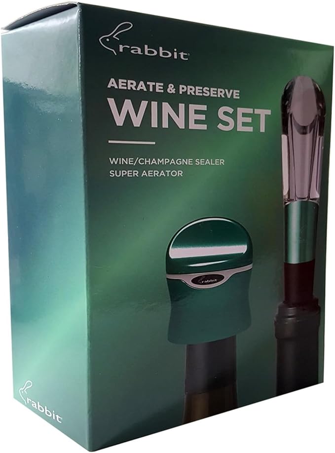 Rabbit Aerate and Preserve Wine Set, Wine/Champagne Sealer and Super Aerator (Green), Standard