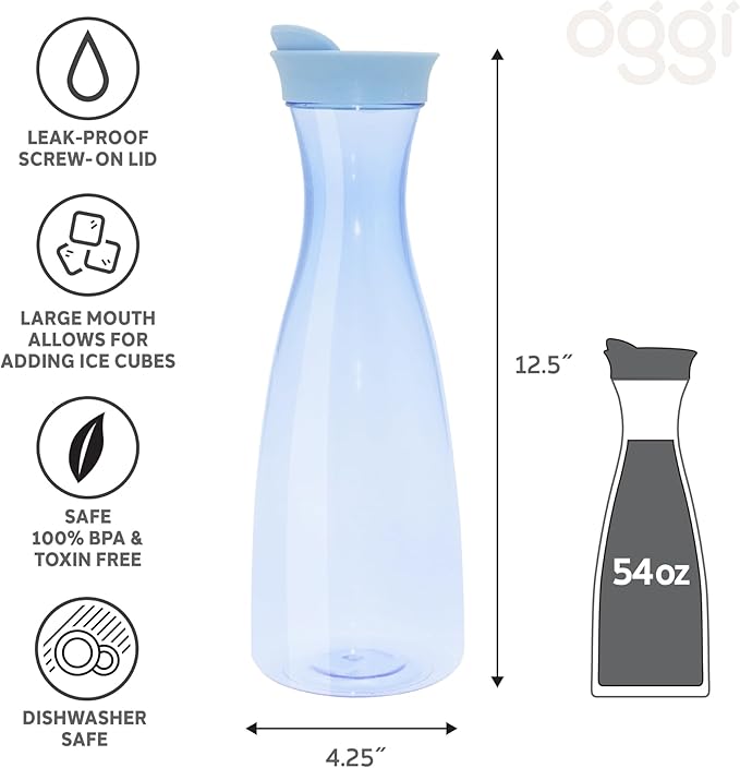 OGGI Clear Carafe w/Flip Open Lid - Ideal Juice Bottle, Clear Pitcher with Lid, Tea Pitcher, Water Carafe, 1.6 Lt(54Oz), Blue Tint