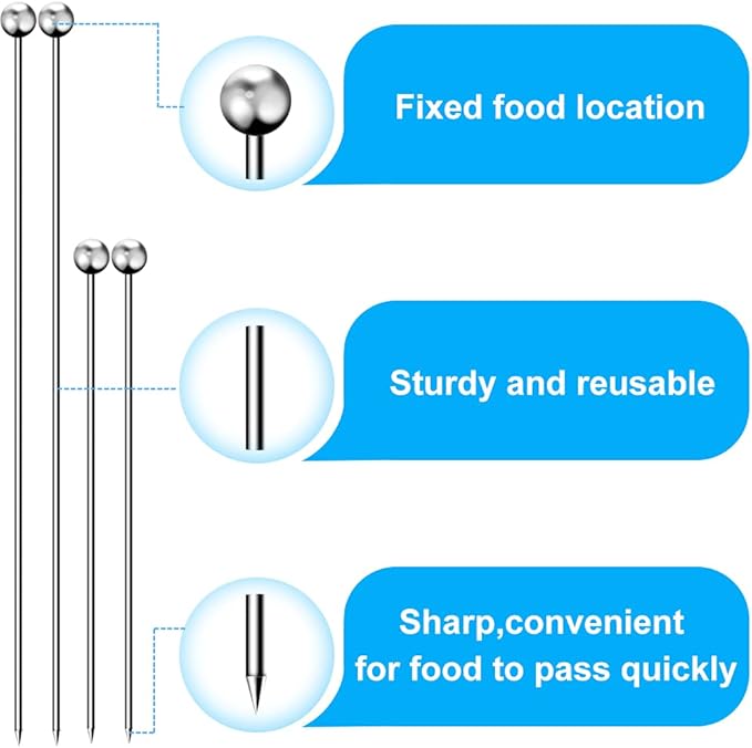 20PCS Cocktail Picks for Drinks, Stainless Steel Cocktail Toothpicks Long, Reusable Cocktail Skewers, Metal Martini Picks for Olives Appetizers Fruit Bloody Mary skewers (4.3 in/8.2 in)