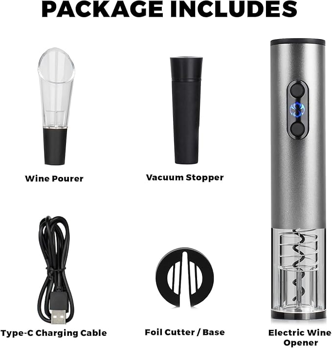 Electric Wine Opener Set for Red Wine, Rechargeable Automatic Wine Corkscrew Bottle Opener with Foil Cutter, Vacuum Stopper, Wine Pour for Wedding Party Home Gifts