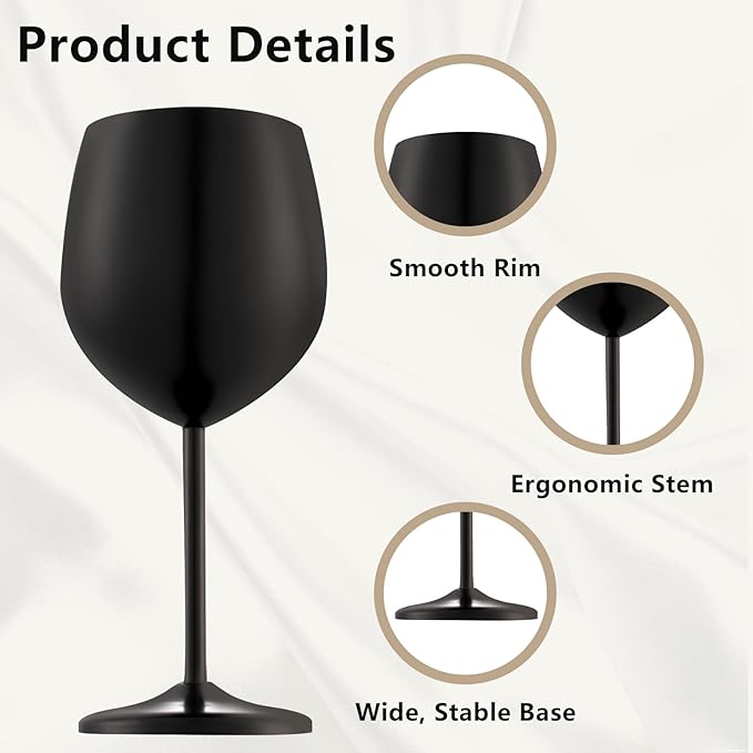 Stainless Steel Wine Glasses Set of 4 Unbreakable Wine Glass 18 oz Unique Metal Wine Goblets for Outdoor, Travel, Camping, Pool, Ideal Gift for Wine Lovers (Matte-Black)